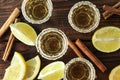 Tequila shots with salt, lime slices and cinnamon on wood table Royalty Free Stock Photo