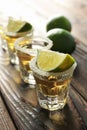 Tequila shots with salt and lime slices on wood table Royalty Free Stock Photo