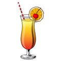 Tequila sunrise cocktail, hand drawn alcohol drink with orange slice and cherry. Vector illustration on white background