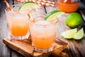 Tequila sunrise cocktail with ice and lime