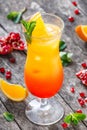 Tequila sunrise cocktail with mint, orange and pomegranate in tall glass on wooden background. Summer drinks and alcoholic cocktai