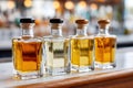 Stylish tequila tasting table featuring various bottles of reposado, blanco, and anejo tequila, showcasing rich colors Royalty Free Stock Photo