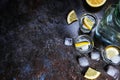 Tequila vodka shots and bottle with lemon slices, top view Royalty Free Stock Photo