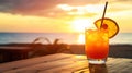 Tequilla Sunrise cocktail on background with blue sea and sunrise sky tropical background. Generative AI