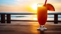 Tequilla Sunrise cocktail on background with blue sea and sunrise sky tropical background. Generative AI