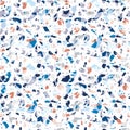 Terrazzo seamless vector pattern in shades of blue, grey and orange on white background. Royalty Free Stock Photo