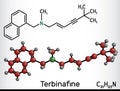 Terbinafine molecule. Structural chemical formula, molecule model.