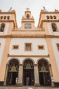 Terceira, Azores PORTUGAL - 3 August 2020 - Entrance arches and facade of the Cathedral of Angra do Heroismo with man