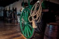 Terceira, Azores PORTUGAL - 1 August 2020 - Vintage room with wooden wagon wheel and kites at the Biscoitos Wine Museum