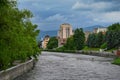 Terek River embankment in Vladikavkaz city on a cloudy day