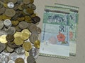 Terengganu, Malaysia - 6 December 2022 : Close-up of malaysian coins and ringgit malaysian money on grey background