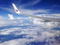 TERENGGANU, MALAYSIA - DECEMBER 30, 2015 : Soft focus of Malaysian Airline System (MAS) aeroplane wing over cloud and blue sky