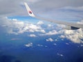 TERENGGANU, MALAYSIA - DECEMBER 30, 2015 : Soft focus of Malaysian Airline System (MAS) aeroplane wing over cloud and blue sky