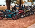 Motorcycles parked in a line at the Bike Week event.