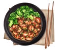 Teriyaki chicken with broccoli on black plate. Watercolor illustration Royalty Free Stock Photo