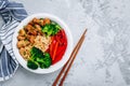 Teriyaki Chicken buddha bowl lunch with rice, broccoli and red bell pepper