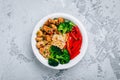 Teriyaki Chicken buddha bowl lunch with rice, broccoli and red bell pepper