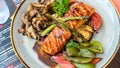 teriyaki salmon served with grilled vegetables Royalty Free Stock Photo