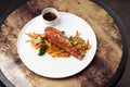 Teriyaki salmon on white plate. Salmon Teriyaki Royalty Free Stock Photo