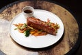 Teriyaki salmon on white plate. Salmon Teriyaki Royalty Free Stock Photo