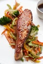 Teriyaki salmon on white plate. Salmon Teriyaki Royalty Free Stock Photo