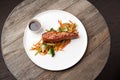 Teriyaki salmon on white plate. Salmon Teriyaki Royalty Free Stock Photo