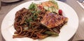 Teriyaki sesame udon with salmon very delicious my daughter favourites