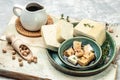 Teriyaki tofu. vegetarian tofu cubes on a dark background. banner, menu, recipe top view Royalty Free Stock Photo