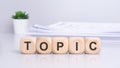 the term 'topic' is inscribed on wooden blocks, with a potted plant visible in the background, creating a front