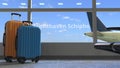 Terminal and commercial airplane revealing Luchthaven schiphol text. 3d rendering