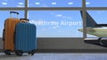 Terminal and taxiing plane revealing Heathrow airport text. 3d rendering