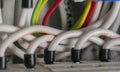 Terminals, contacts, circuit breakers wiring in electrical switchboard providing a safe supply of electricity Royalty Free Stock Photo
