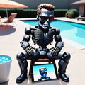 The Terminator, chilling by the pool, casually crushing it on an iPad! Royalty Free Stock Photo