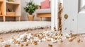 Termite larvae and chewed wood particles littering a floor, indicating a pest infestation problem in a residential setting Royalty Free Stock Photo