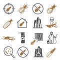 Termites, desinfector, pest control service bold black silhouette and line icons set isolated on white. Royalty Free Stock Photo