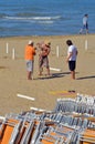 Termoli, Molise, Italy.-06/02/2020 - Prevention rules for social distancing in bathhouse on a sandy beach