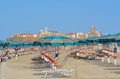 Termoli, Molise, Italy.-06/02/2020 - Prevention rules for social distancing in bathhouse on a sandy beach