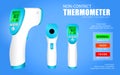 set of non contact thermometer or infrared thermometer gun or electronic temperature thermometer to measures degree concept. eps