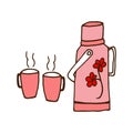 Hand-Drawn Set of Thermos and Glasses with Pink Water Bottle Doodle Art for Hot & Cold Drinks Illustration Royalty Free Stock Photo