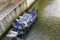 Ternaaieni, province of Liege, Belgium. September 17, 2023. Top perspective of a small boat entering Lanaye lock