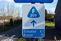 Ternat, Flemish Brabant, Belgium, Sign of the bike speedway F 209 towards Schepdaal and Brussels