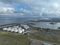 Terneuzen, Zeeland, The Netherlands, February 25th, 2024: Aerial drone view on the EVOS tank terminal of Terneuzen and