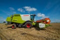 TERNOPIL REGION, UKRAINE - August 10, 2021: at the demonstration of agricultural machinery - combines harvester CLAAS 670 Lexion