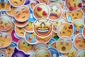 TERNOPIL, UKRAINE - APRIL 29, 2022: Large set of stickers with Emoji yellow faces. Stars pictogram in focus