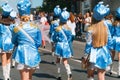 Ternopil, Ukraine July 31, 2020: Street performance of festive march of drummers girls in blue costumes on city street