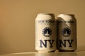 TERNOPIL, UKRAINE - JULY 18, 2022 Two cans of New Yorker fine lager beer with original logo and design on brown retro background