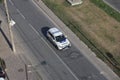 TERNOPIL, UKRAINE - JULY 7, 2023 Ukrainian patrol police white car with police lights and decals in daytime