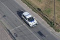 TERNOPIL, UKRAINE - JULY 7, 2023 Ukrainian patrol police white car with police lights and decals in daytime