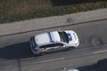 TERNOPIL, UKRAINE - JULY 7, 2023 Ukrainian patrol police white car with police lights and decals in daytime