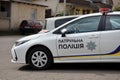 TERNOPIL, UKRAINE - JULY 7, 2023 Ukrainian patrol police white car with police lights and decals in daytime